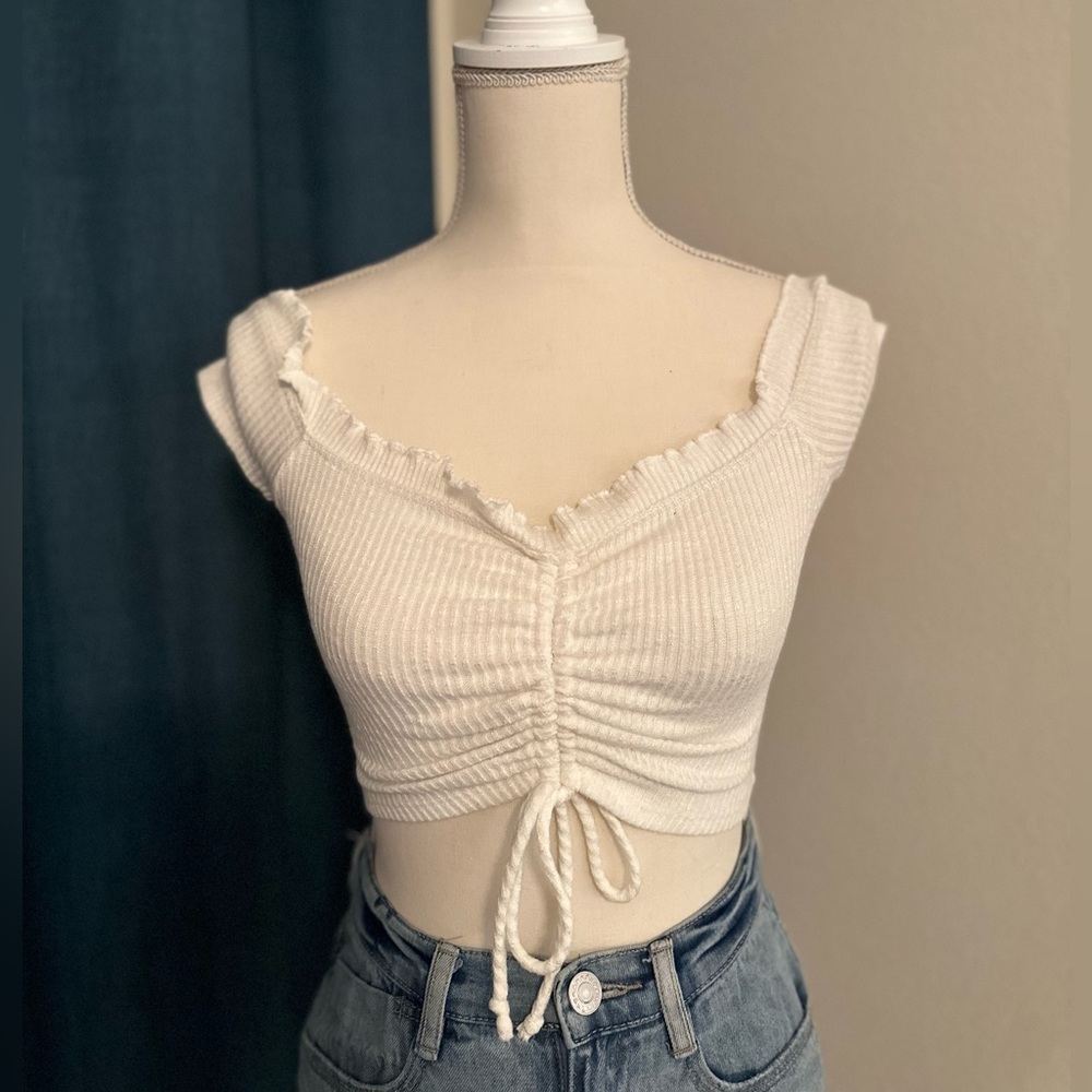 White Crop Top w/ Ruching and Drawstring Size Small - Picture 3 of 6
